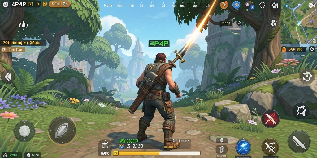 Screenshot gameplay 4P4P menunjukkan karakter menjelajahi dunia terbuka.