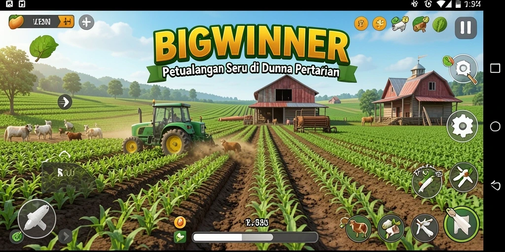 Screenshot gameplay BIGWINNER menunjukkan pertanian yang kaya dan beragam.