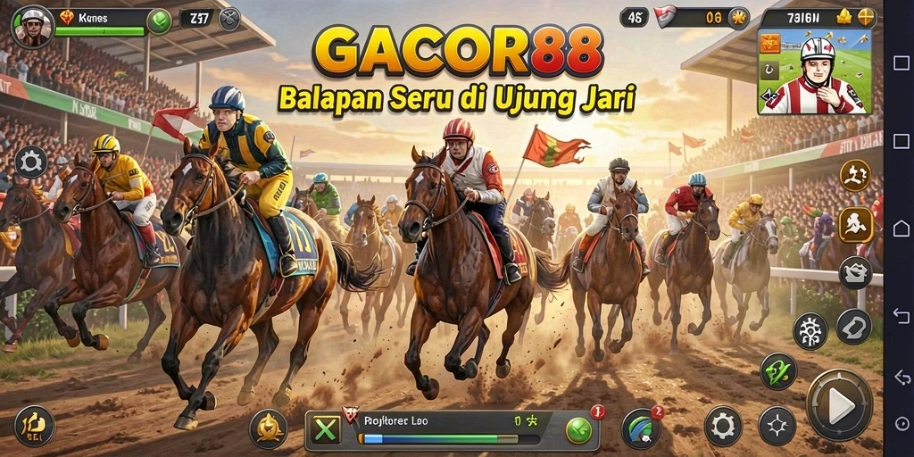Tampilan gameplay GACOR88 dengan mobil balap dalam aksi penuh.