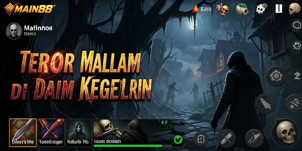 Screenshot menunjukkan karakter yang terjebak dalam kegelapan dengan makhluk mengerikan di latar belakang.