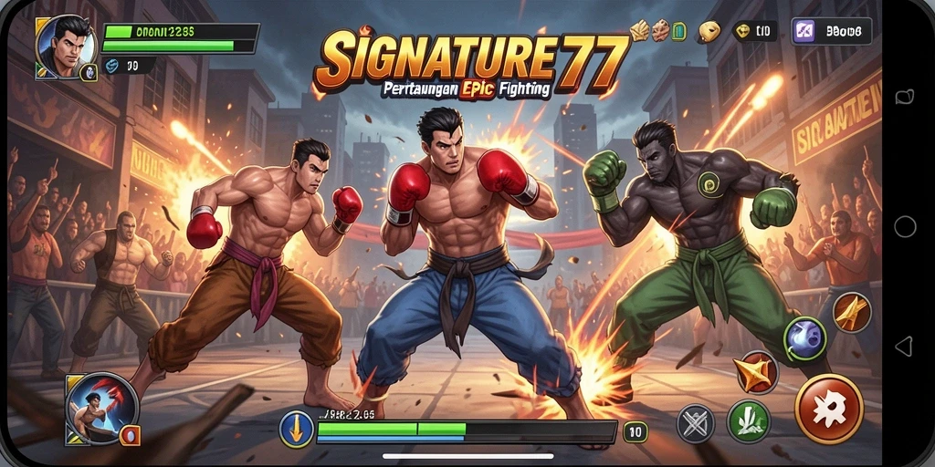 Screenshot gameplay SIGNATURE77 yang menampilkan aksi pertarungan seru.